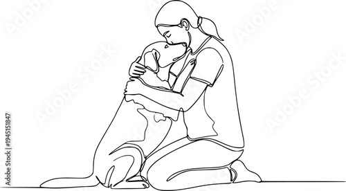 Person embracing dog in continuous line drawing
