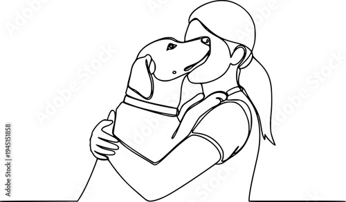 Person embracing dog in continuous line drawing
