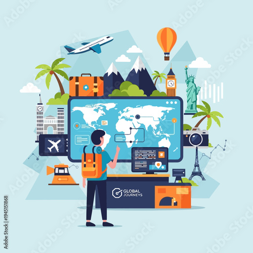 Travel planning concept: person with backpack looking at world map and travel icons
