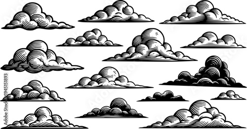 Set of stylized clouds in vintage woodcut style
