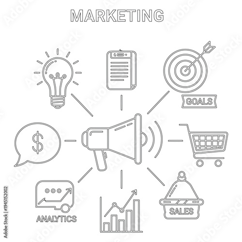 Marketing strategy concept with megaphone and related business light bulb target