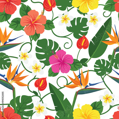 Vibrant tropical floral pattern with hibiscus, anthurium, plumeria, and bird of paradise