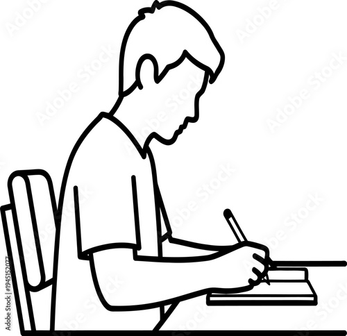 A boy sitting at a desk writing in a notebook line art