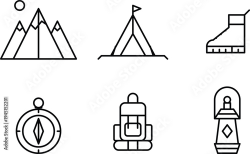 Set of 6 hiking icons vector, outdoor adventure symbols