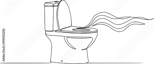 Minimalist continuous single line drawing of a modern toilet with an artistic wavy flow