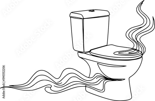 Minimalist continuous single line drawing of a modern toilet with an artistic wavy flow