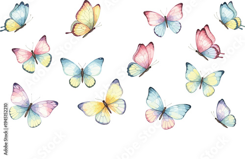 Vector Illustration of Soft Watercolor Butterflies in Pastel Shades for Spring, Nature, and Floral Designs