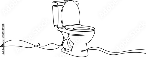 Minimalist continuous single line drawing of a modern toilet with an artistic wavy flow