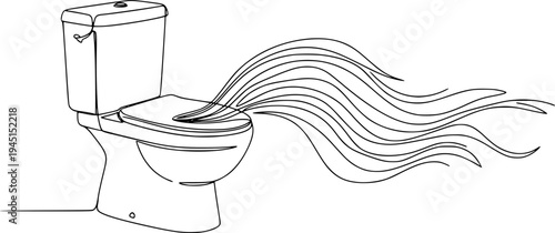 Minimalist continuous single line drawing of a modern toilet with an artistic wavy flow
