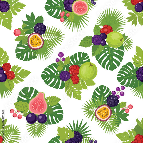 Tropical fruits and leaves pattern on white background