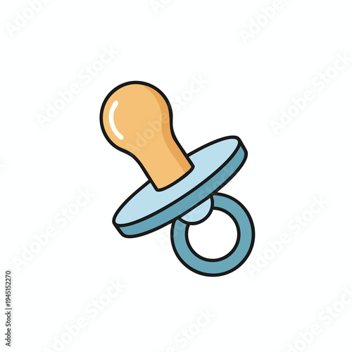 A flat illustration of a baby's pacifier with an orange nipple and a light blue shield