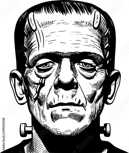 Frankenstein monster portrait drawing transparent background. Vector hand drawn illustration
