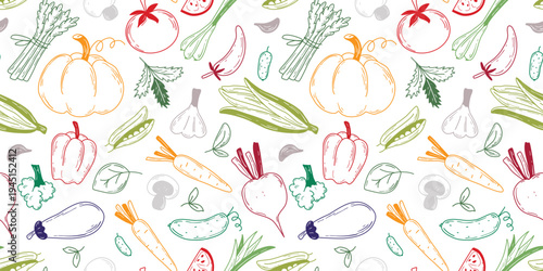 Loose drawing vegetable seamless pattern. White background with hand drawn colored silhouettes of different vegetables. Healthy organic food print, vector graphics