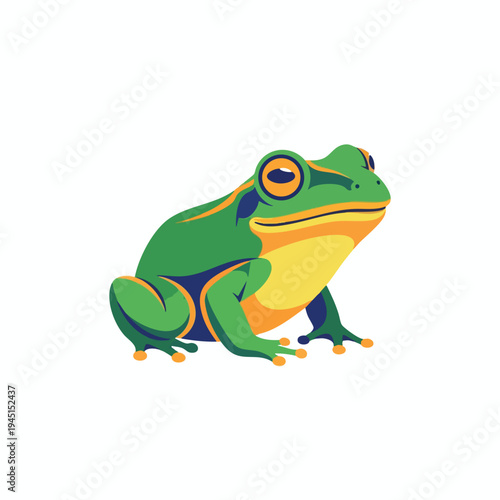 Stylized green frog with yellow belly and orange accents, on white background