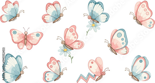 Vector Illustration of Cute Pastel Butterflies with Flowers and Whimsical Designs for Spring and Nature Themes
