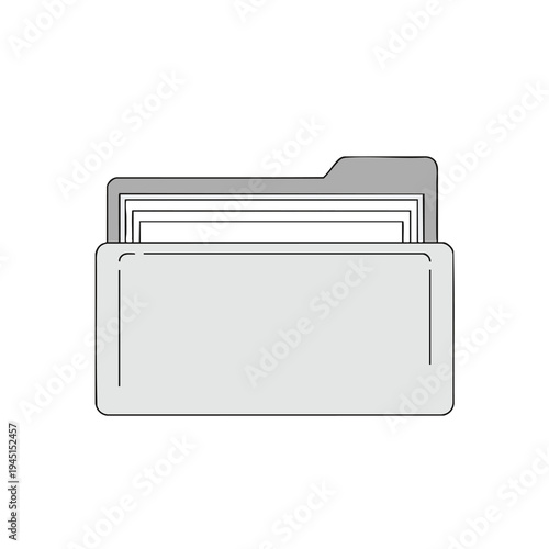 Stylized graphic of a light grey file folder with stacked documents inside