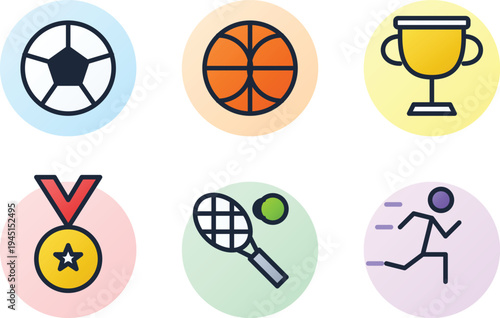 Set of 6 sports icons vector, colorful athletic symbols