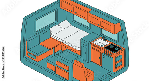 Detailed isometric illustration showcasing the compact and functional interior layout of a modern recreational vehicle, optimized for travel and living.