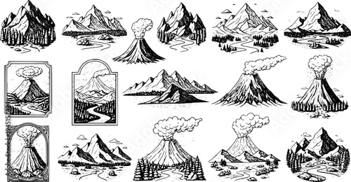 Collection of vintage style mountain and volcano landscape engravings. Vector hand drawn illustration
