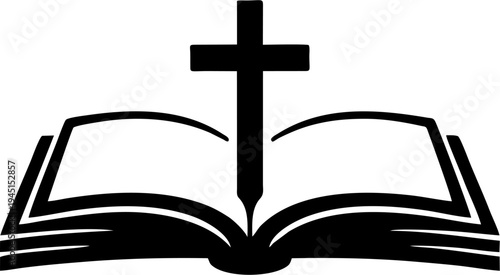 Christian Cross and Open Bible Icon Silhouette Vector Logo, Religious Scripture Symbol Isolated