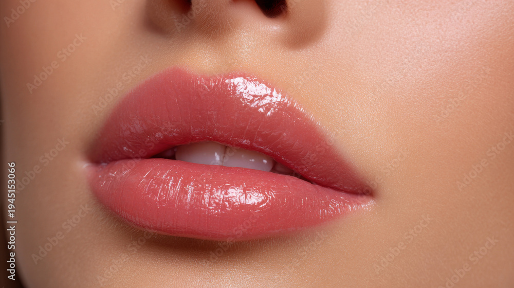 © PhotoLuxeStudio - Glossy pink lip makeup on smooth skin with natural shine and soft texture, close up side angle macro shot