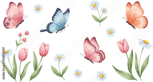 Vector Illustration of Spring Flowers and Butterflies: Tulips, Daisies, and Colorful Butterflies for Nature and Garden Themes