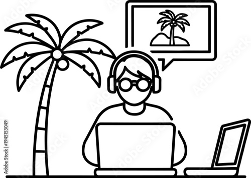 Remote worker on tropical vacation with laptop and headset
