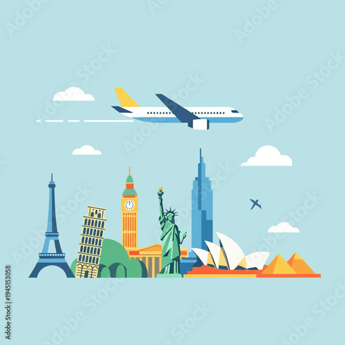 World Landmarks Travel Airplane Flying Over Famous Monuments Global Tourism Concept