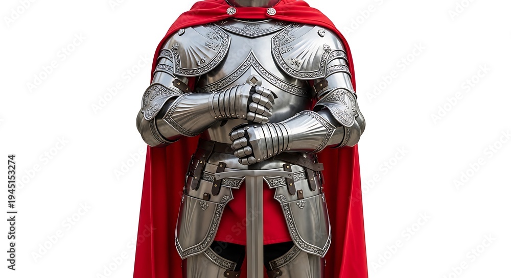 Obraz premium Noble medieval knight in intricate shining armor, adorned with a vibrant red cape, standing majestically with a powerful sword, ready for historical reenactment or display