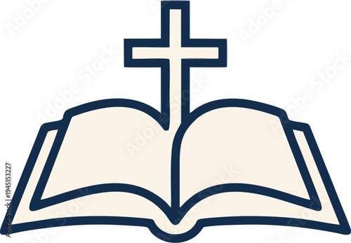 Christian Cross and Open Bible Outline Icon in Blue Line Art on Cream Background, Minimal Religious Symbol
