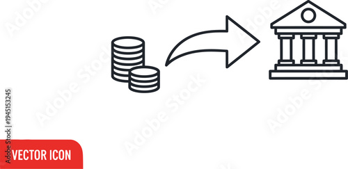 Money stacks transferring to a bank building icon