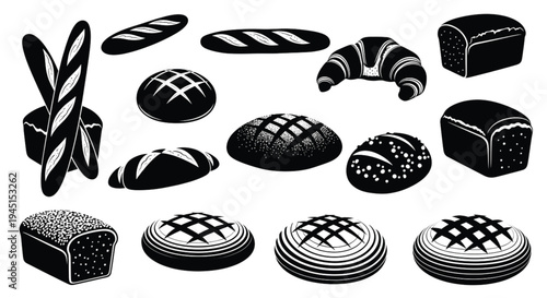 Bakery Bread Silhouette Set Baguette Pretzel Croissant Loaf Vector Icons