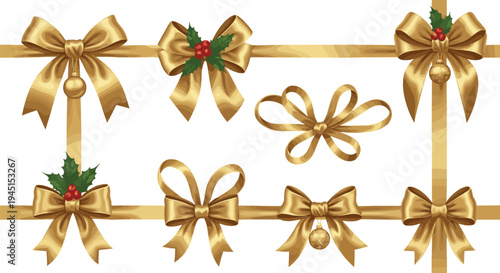Vector Illustration of Christmas Golden Ribbons and Bows with Holly Decorations for Holiday Gift Wrapping