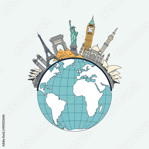 World Landmarks Travel Globe Tourism Icons Around Earth