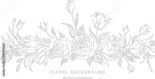 Luxury rose flower line art background, minimalist black and white floral frame illustration featuring luxury bouquet leaves and decorative elements for spring wedding stationery design and elegant in