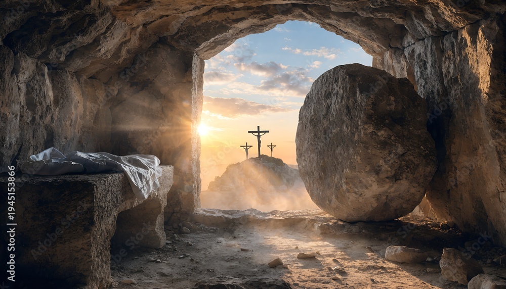 Fototapeta premium Christian Easter concept. Jesus Christ resurrection. Empty tomb of Jesus with light