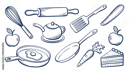 hand drawn kitchen utensils and food items for cooking and baking, sketch style illustration set with spoons bowls whisk rolling pin vegetables and ingredients, minimal culinary elements for recipe de