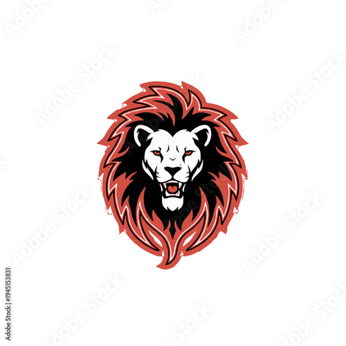 A fierce lion's head with red eyes.