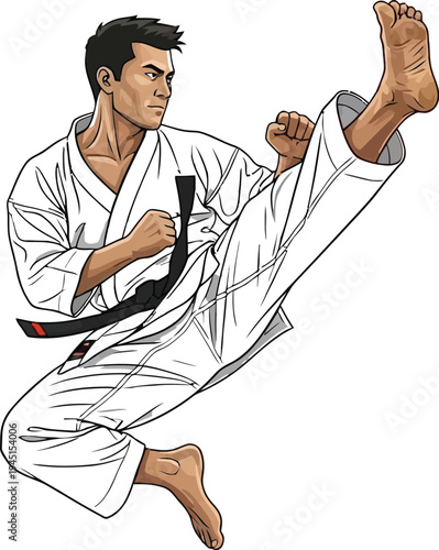 Determined martial arts practitioner in white gi executes powerful flying side kick in midair isolation against white