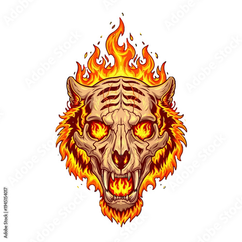 Fiery tiger skull with flames.