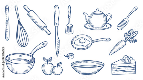 hand drawn kitchen utensils and food items for cooking and baking, sketch style illustration set with spoons bowls whisk rolling pin vegetables and ingredients, minimal culinary elements for recipe de