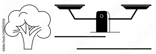 Sustainability, environmental balance, decision-making, ecology, natural resources, justice. Black outline of a tree next to a balanced scale. Sustainability and environmental balance concept