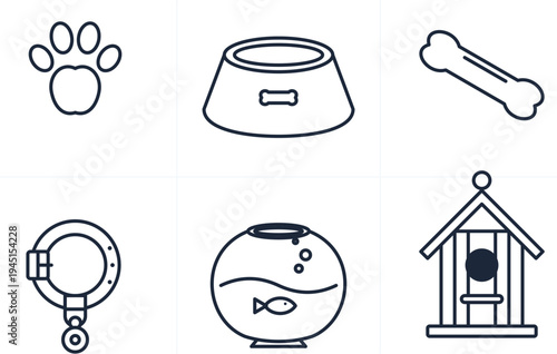Set of 6 pet icons vector, dog paw, food bowl, bone, collar, fish bowl, dog house