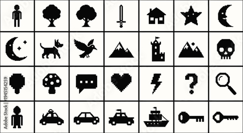 A collection of various black and white icons.