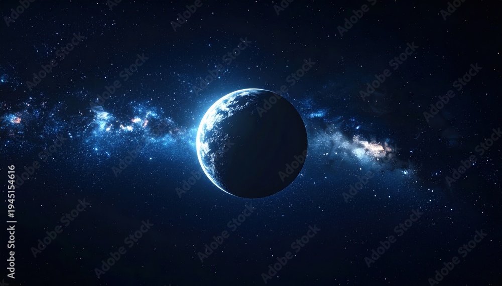 Fototapeta premium A solitary planet adrift in the vast cosmic expanse, bathed in starlight and nebulae.