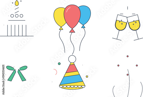 Set of 6 colorful party icons vector, celebration elements