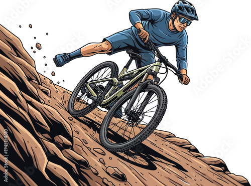 An illustration of a determined mountain biker actively descending a steep, rocky trail, showcasing extreme sport and outdoor adventure.