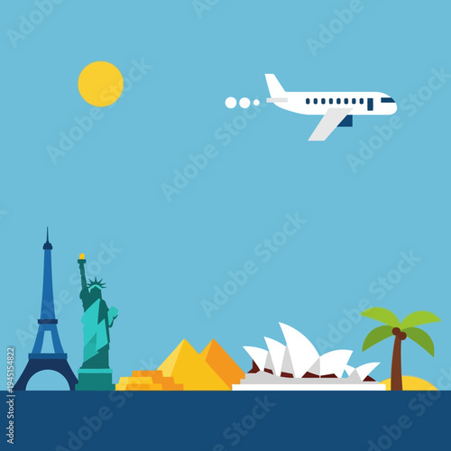 World Travel Destinations: Famous Landmarks and Airplane Flying Over Blue Sky