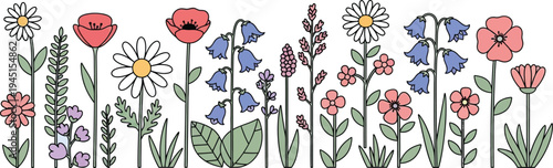 A beautiful nature illustration of red poppies and yellow flowers in the spring grass featuring a cute butterfly and floral leaf design elements for a summer garden wallpaper