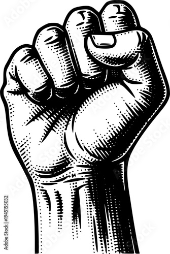 Hand raised in a powerful fist gesture, rendered in an antique engraving style